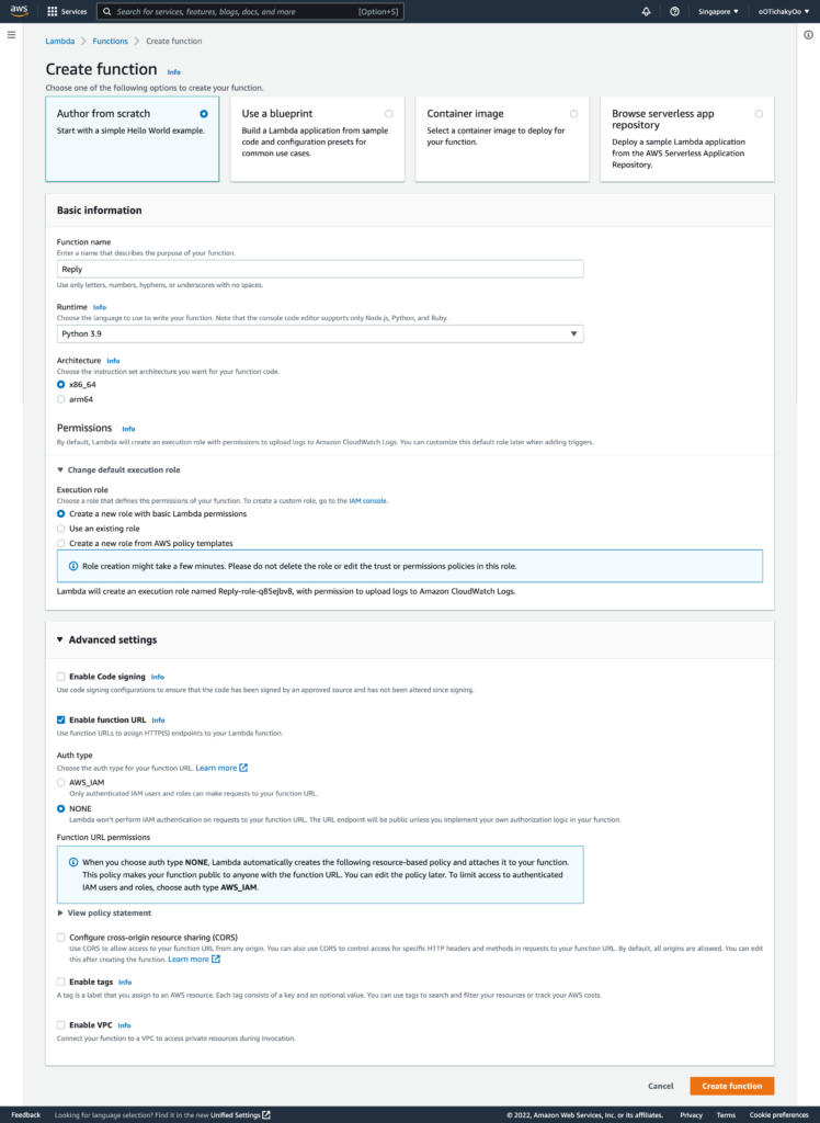 Description for Create function AWS Lambda