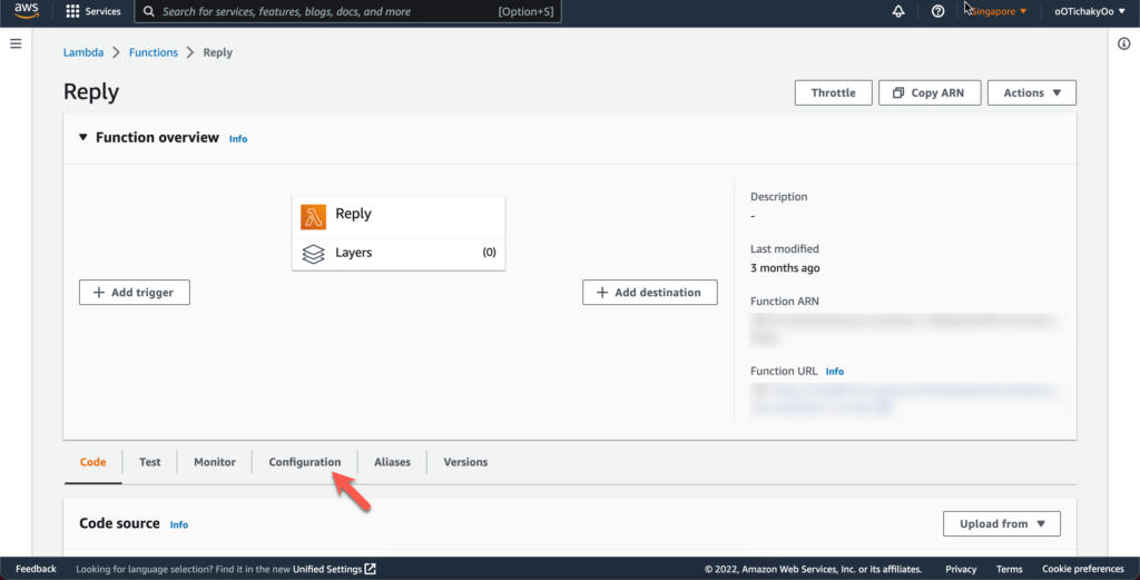 Go to configuration for Function AWS Lambda