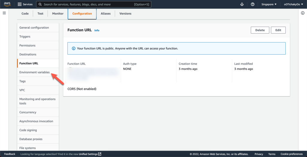 Go to Environment variables for function AWS Lambda