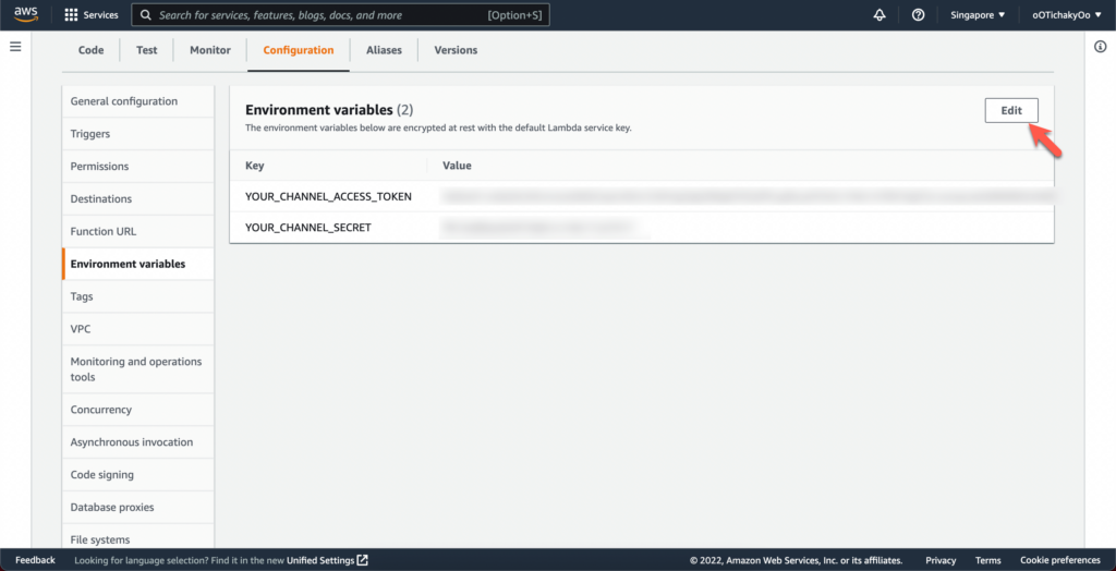 Edit enviroment variables for Function AWS Lambda