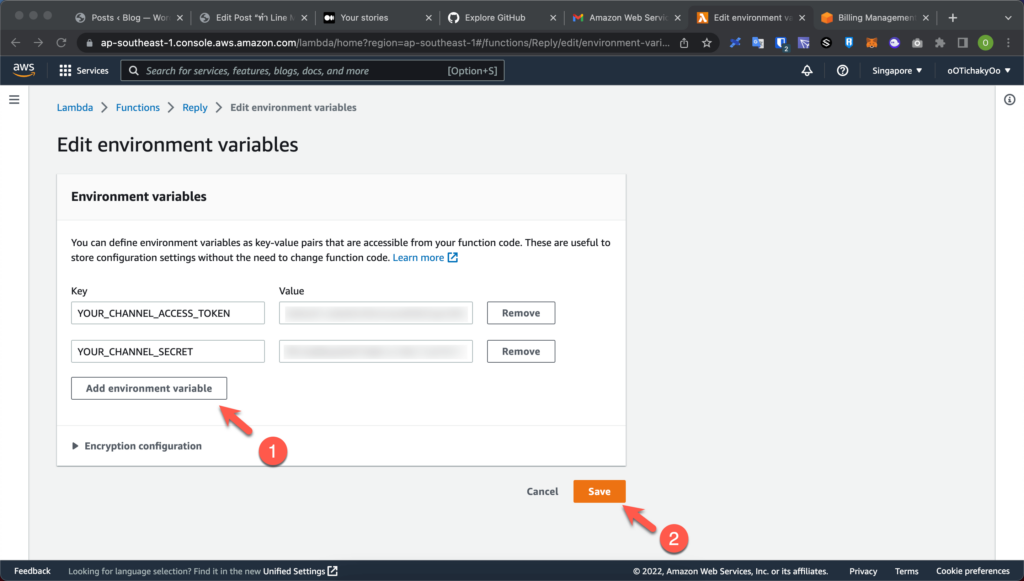 Edit enviroment variables for Function AWS Lambda