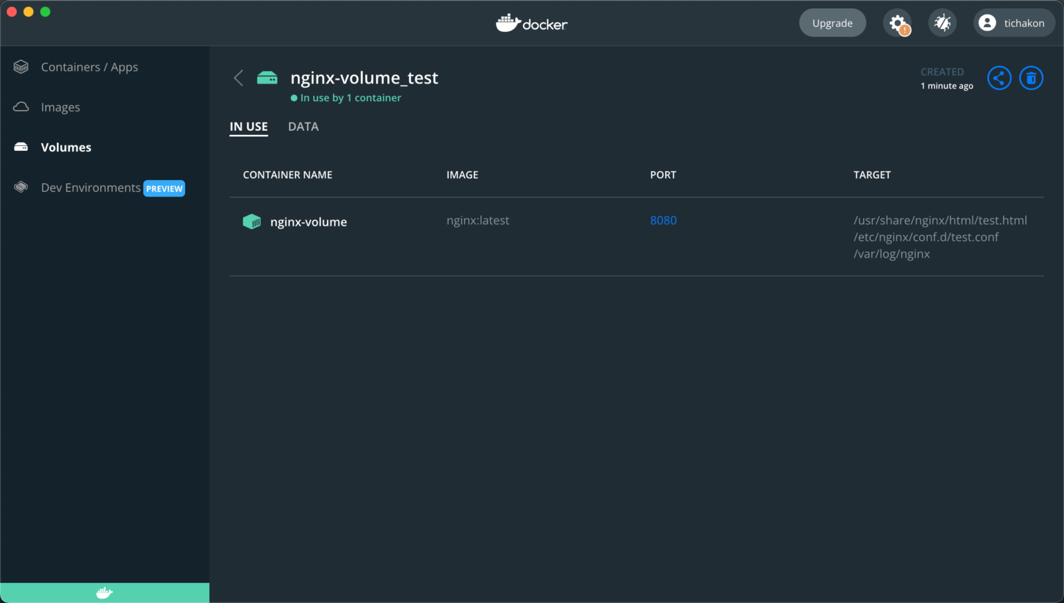 Docker Desktop nginx-volume_test in use