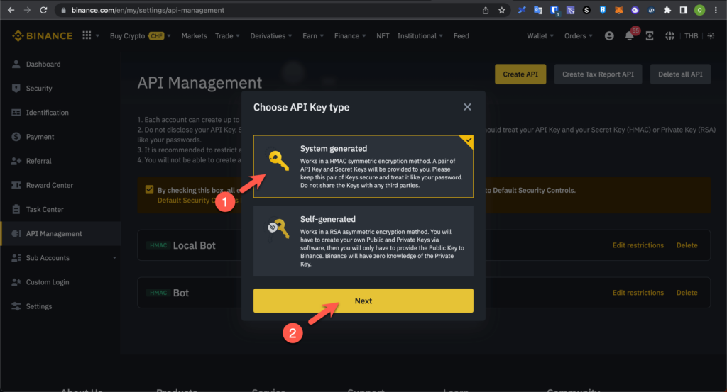 Binance Choose API Key type